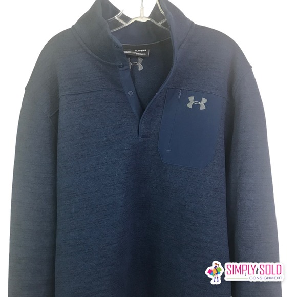 Under Armour Men's Sweater Fleece Heather Blue 1/4 Button Cold Gear Loose Fit XL - Picture 1 of 7